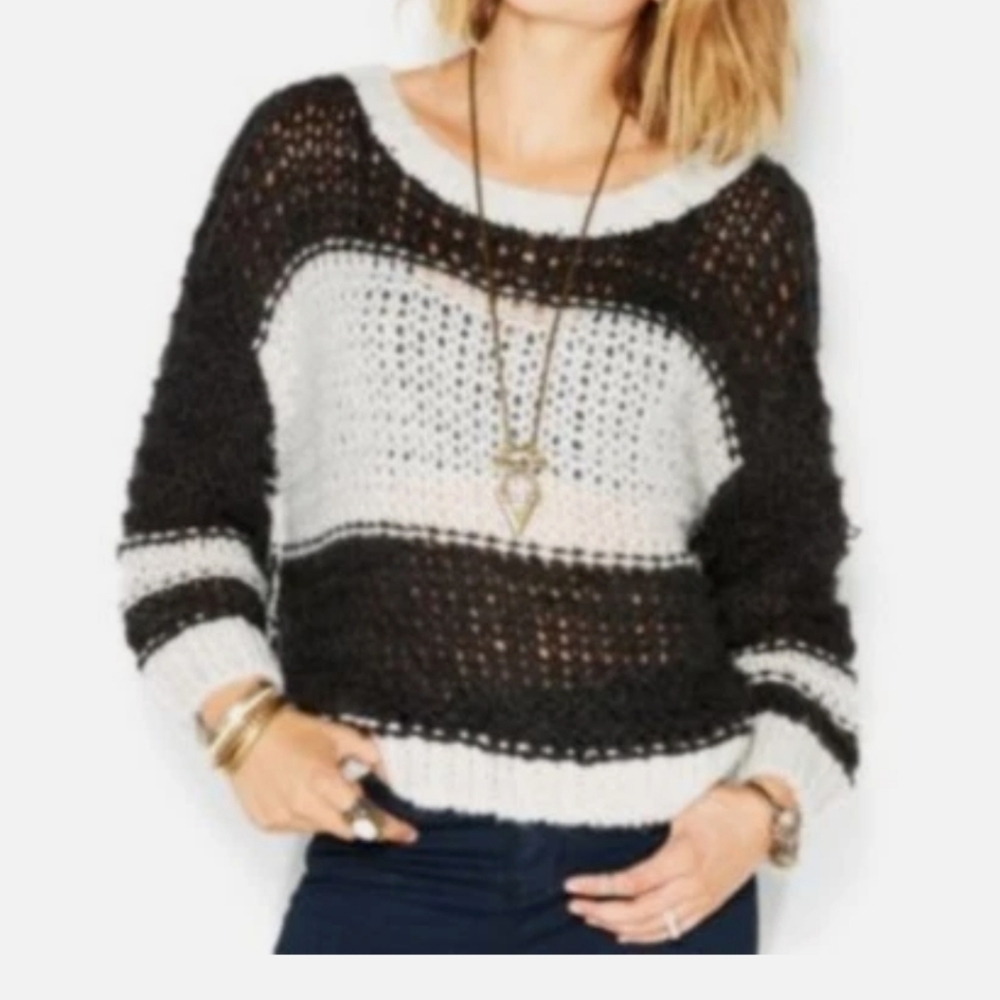 Free People Sweater Monaco Stripped Slouchy Charcoal-Ivory SzM Wool- Alpaca Blen